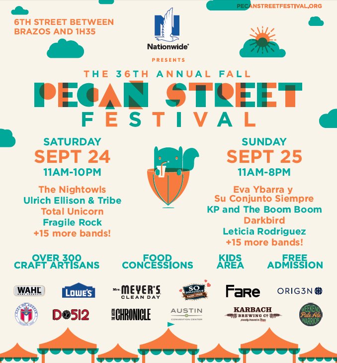 pecanstreetfest's tweet photo. Join us this weekend for the 36th Annual Fall Pecan St. Fest! Being held on 6th St. between Brazos &amp; IH35 w/ 300 vendors, music, food, free! https://t.co/rfN8uwfKaX