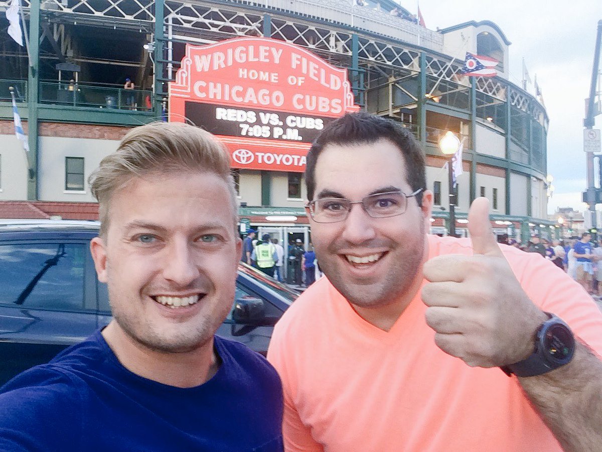 billmiston's tweet photo. Cue the ubiquitous Wrigley Field sign selfie w/ @PhilDWx! #Cubs #Chicago https://t.co/NZk0pGMxwq
