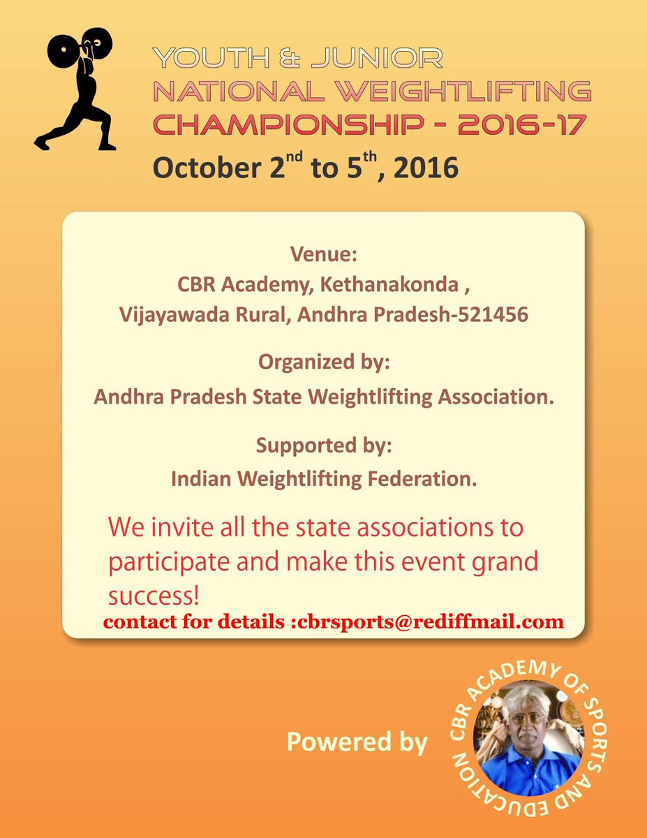 Count down only 9 days left for Youth &amp; Junior Nationals at CBR Sports School, Vijayawada,Andhra Pradesh.
