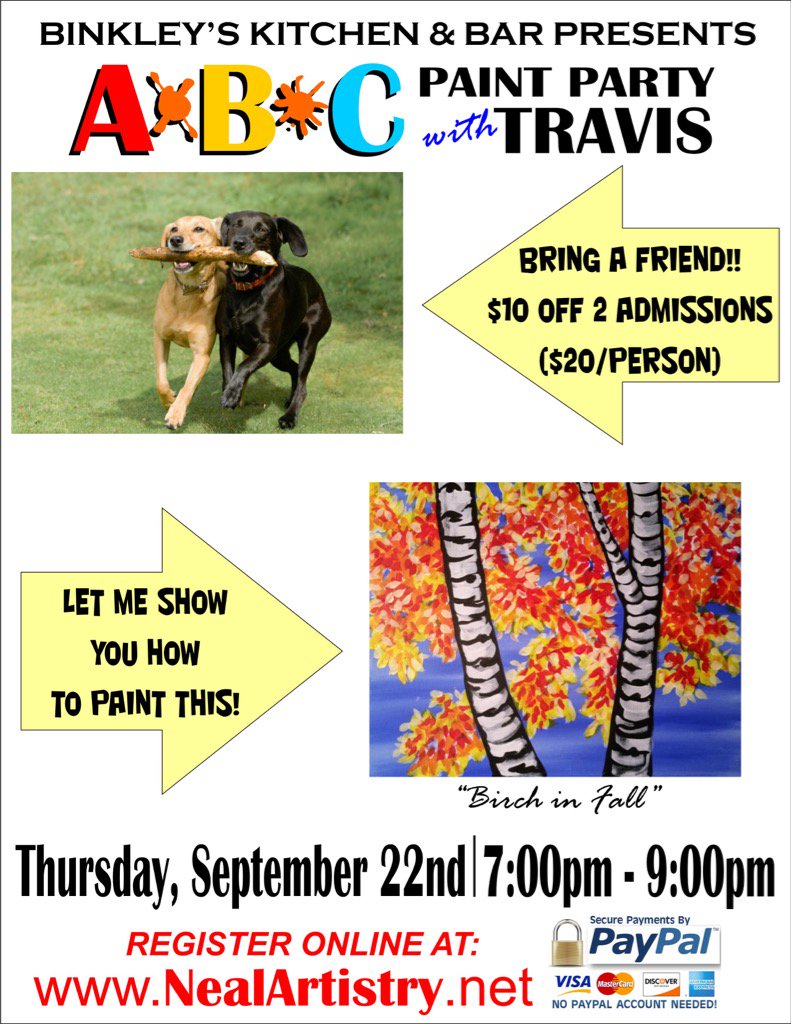 BinkleysKitchen's tweet photo. Tomorrow night join our ABC Paint Party with @ArtistryTravis !! #paintseptember #canvas https://t.co/iKlcS6D1bs