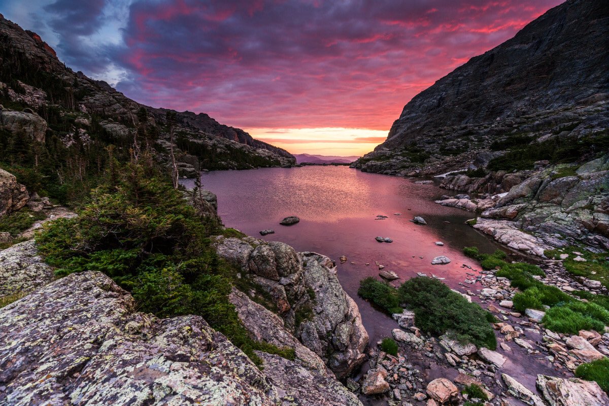Interior's tweet photo. The view of #sunrise at Sky Pond @RockyNPS will leave you breathless. Pic by Christin Healey #Colorado https://t.co/pHHa8FGfWi