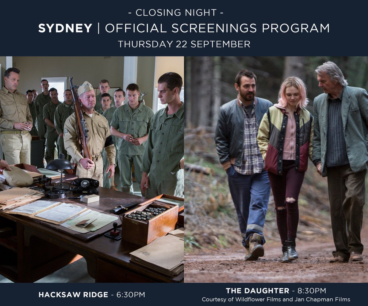 AACTA's tweet photo. #AACTAs #OfficialScreeningsProgram | It's Closing Night at @BondiEvent #Sydney with a preview screening of @hacksawridge & @TheDaughterFilm https://t.co/vSu0IN07kc