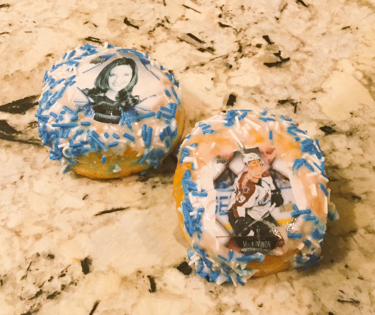 carmenmorrisday's tweet photo. @TimHortons @Mackinnon9 you know you have made it big when your picture is on a #TimHortons donut! We got a little squished in transit 🍩 https://t.co/Kssjmp5cUv