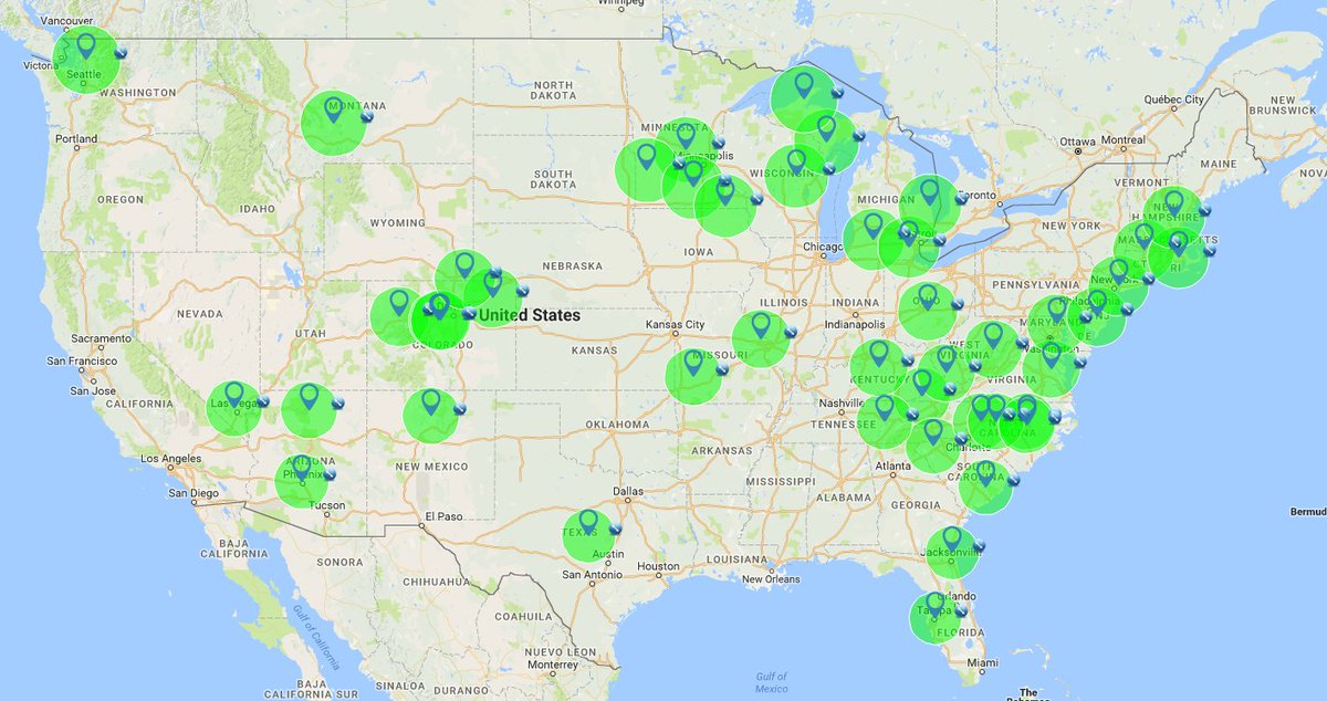 AlanFredendall's tweet photo. Love the #PTMasterminds geomap. Updated with a 75 mi. radius around each Mastermind. #TidalWave #PTVersion2 @jeffmooredpt @therapyinsiders https://t.co/Xu8WnpXqiC