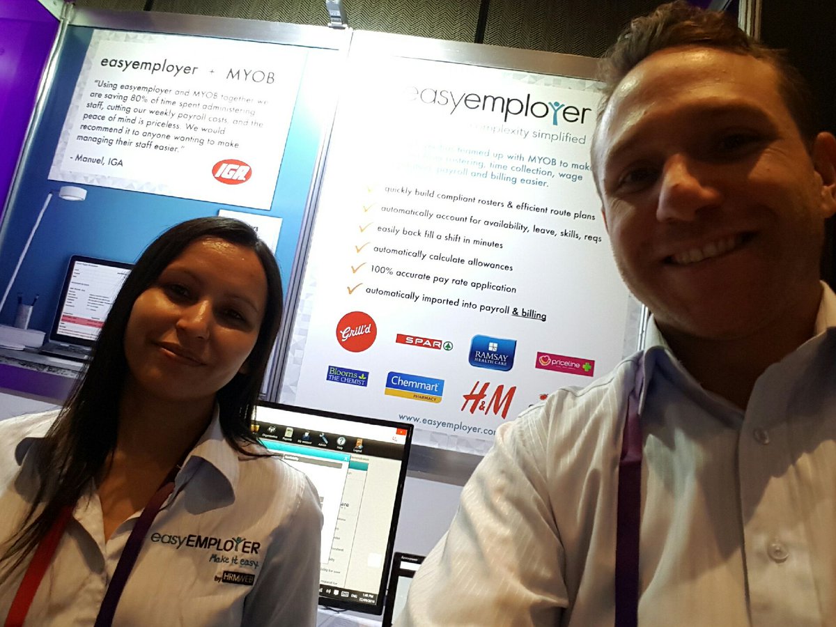 easyemployer's tweet photo. Come &amp; see how easyemployer can simplify staff management complexity by automating rosters, scheduling, time, payroll, billing +more #myobpc https://t.co/fQjdHEJhN9