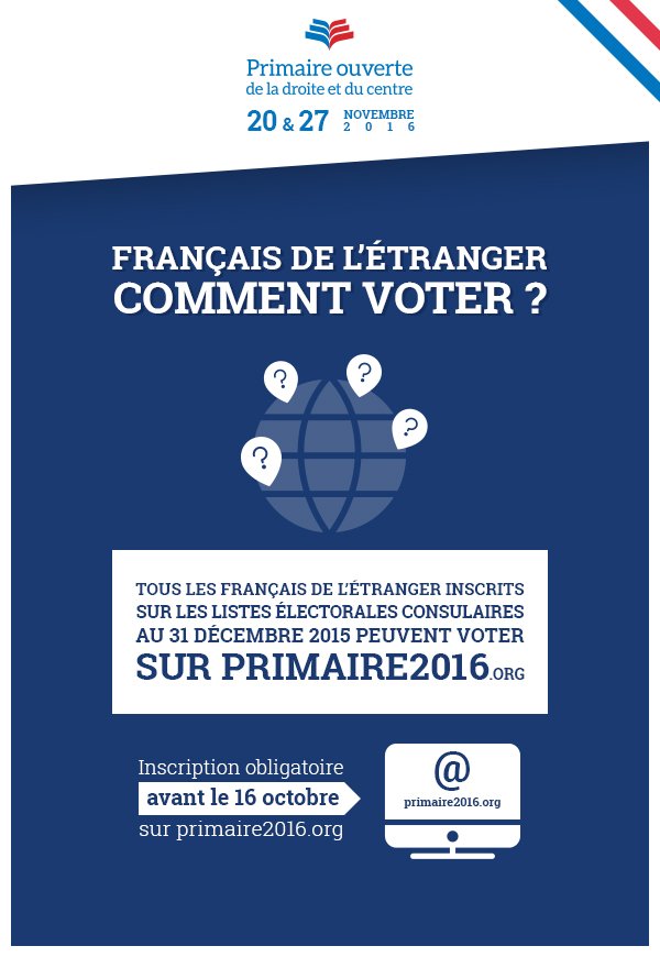 InfoPrimaire's tweet photo. Tous les Français de l'étranger qui veulent participer à la #Primaire2016 doivent s'inscrire avant le 16/10 ➡️ …https://t.co/sCybDIKDh0 https://t.co/WagljacxP1