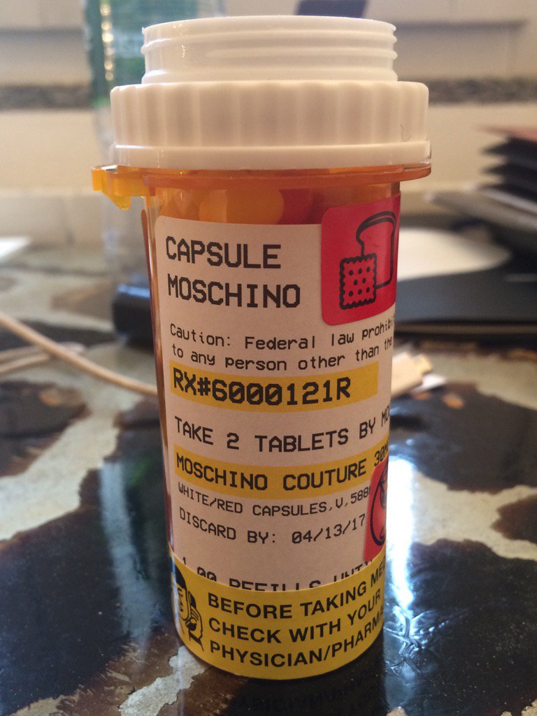 VVFriedman's tweet photo. Happy #MFW morning. The @moschino invite is a bottle of pills. Get ready. https://t.co/pupSOr5s2X