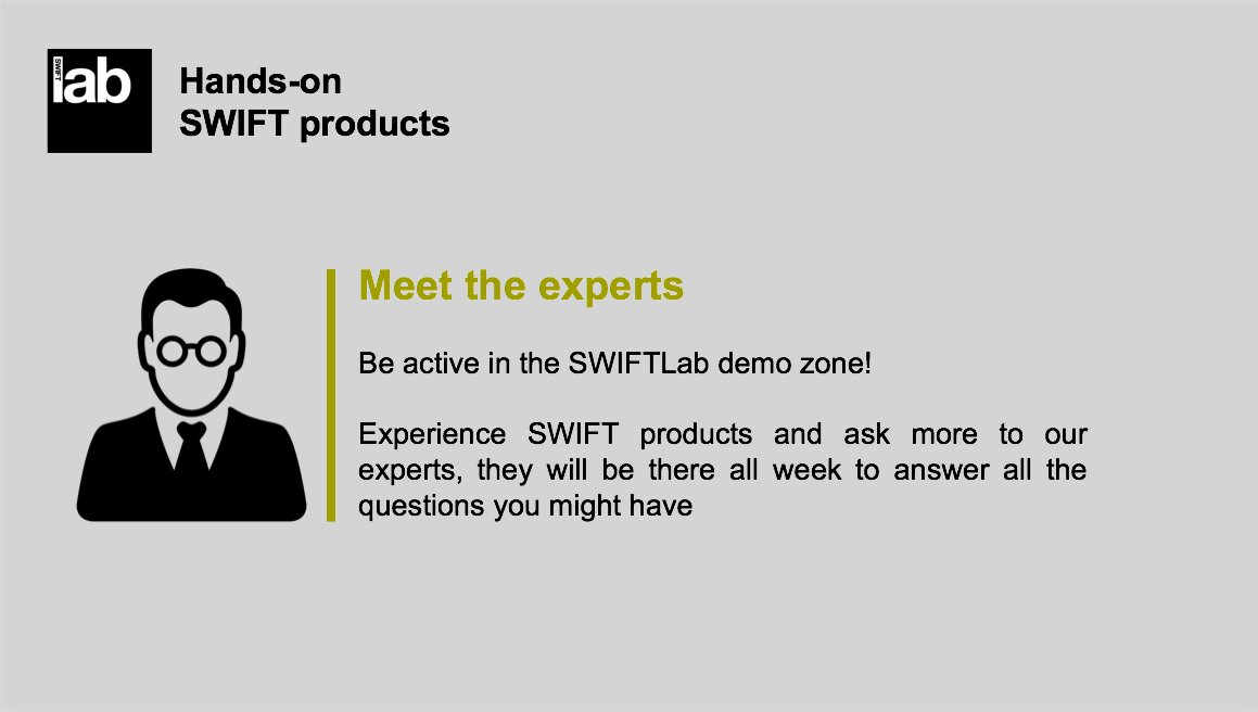 swiftcommunity's tweet photo. Swing by the #SWIFTLab at @Sibos to meet #SWIFTExperts and get in-depth information on our products https://t.co/14jYCwM5Vl https://t.co/kVfoAmLy08