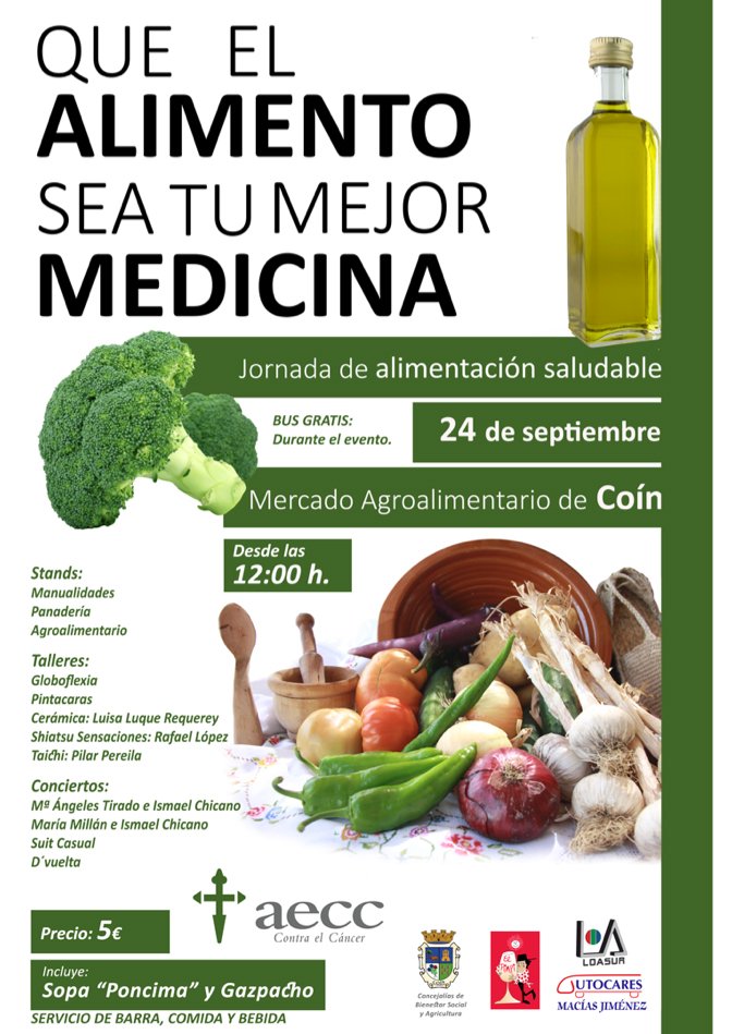 ContraCancerMA's tweet photo. 24/09 Jornada de Alimentación Saludable @aecc_es #Coín. Que el alimento sea tu mejor medicina. ¡No faltes! @AytoCoin @ElPimpiMalaga https://t.co/uXXIdymPUT