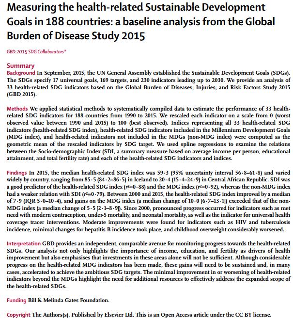 TheLancet's tweet photo. Measuring the health-related Sustainable Development Goals in 188 countries - new #GBD2015 study on #SDG progress https://t.co/7QED3FiNnp https://t.co/8ZTBquHhpU
