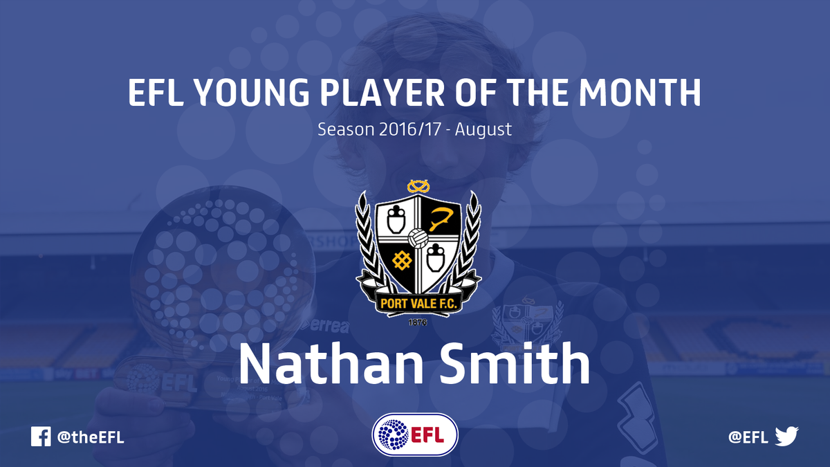 EFL's tweet photo. Nathan Smith of @OfficialPVFC named #EFL Young Player of the Month for August >> https://t.co/ST6WlwTfJD. https://t.co/zAF3fEAqdi
