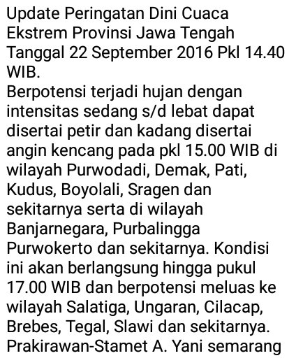 adipalakec's tweet photo. Peringatan Dini Cuaca Ekstrem #Cilacap tmsk Adipala Tgl 22 Sept 2016 Pkl 15.00-17.00WIB potensi hujan sedang-lebat. https://t.co/MAiDLBWhyz