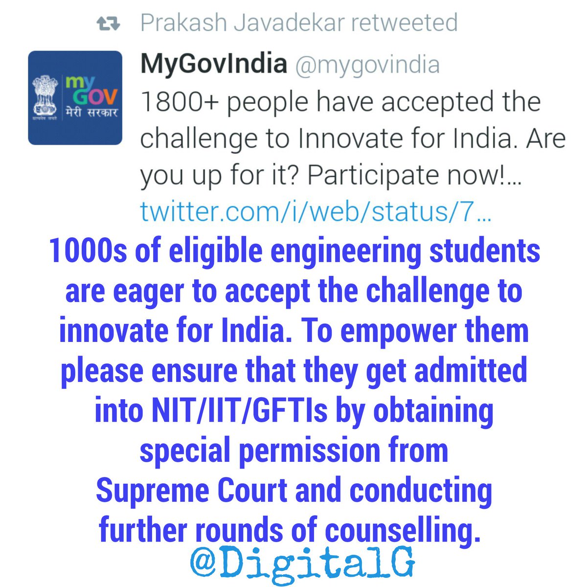 DigitalG's tweet photo. @PrakashJavdekar @HRDMinistry 
 @PMOIndia @RashtrapatiBhvn  @sushmitadevmp 
#JEE #JEEADV #CSAB #JOSAA https://t.co/Md58Q4Kt7w
