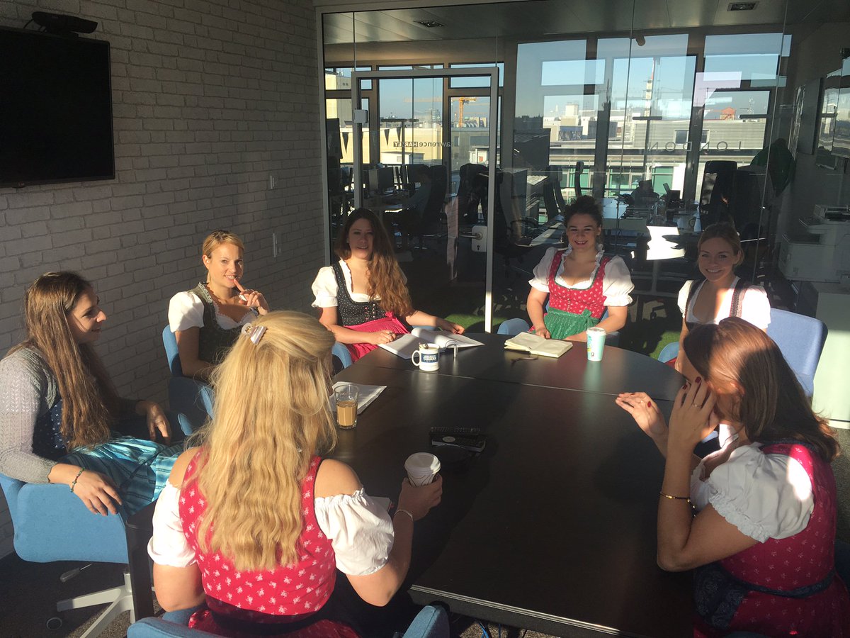 LawrenceHarvey_'s tweet photo. The lederhosen-laced ladies of Lawrence Harvey ready for #Oktoberfest2016... but the morning meeting comes first! #girls #success #LHTiD! https://t.co/c0YZzuI8GG
