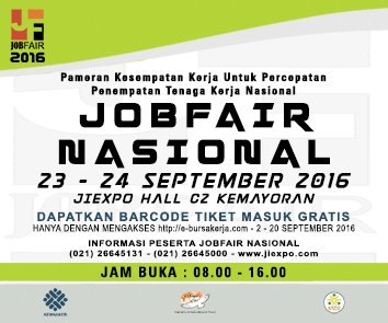 okezonenews's tweet photo. Pencari kerja? Daftar di https://t.co/Bb8l78iVzS atau datang di #jobfair2016 Hall C2 JIEXPO Kemayoran 23-24 Sep /08.00-16.00 @KemnakerRI https://t.co/AnvfWetbKY