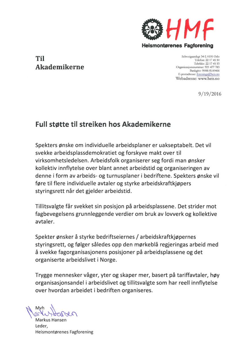 MarkusHeis's tweet photo. Heismontørenes Fagforening støtter streiken til @Akademikerne Nå får Spekter slutte å angripe kollektive avtaler! https://t.co/9bnljses1V