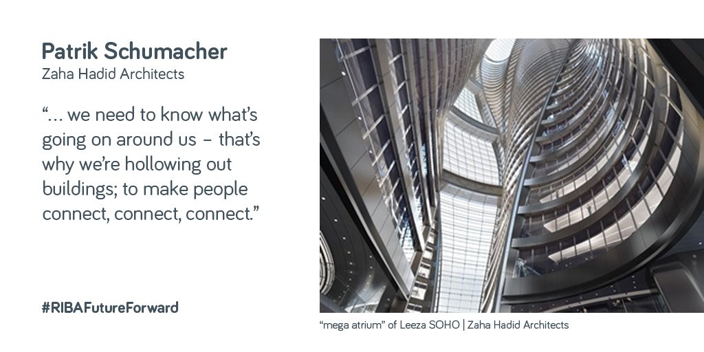 RIBA's tweet photo. .@patrik_schu of ZHA delivers the key note at #RIBAFutureForward giving insight into some of the 36 live projects as well as “mega atriums” https://t.co/Qxhkgy6wRv