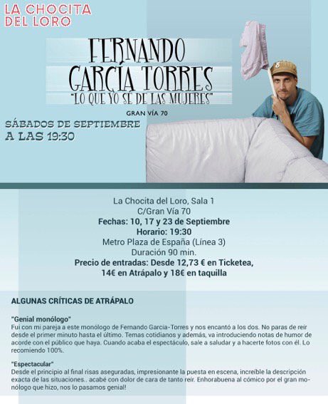 ¡Sorteo lleno de #humor! Haz RT y gana entrada doble para ver a <a href="/fernandocomico/">Fernando García-Torres</a> #BienvenidoOtoño #Madrid