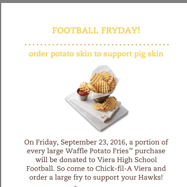 CFAw95's tweet photo. A portion of every large fry purchased tomorrow will be donated to our Viera Hawks! The perfect excuse to treat yourself! #BeAllIn #Fryday https://t.co/RTbHlQsB6Z