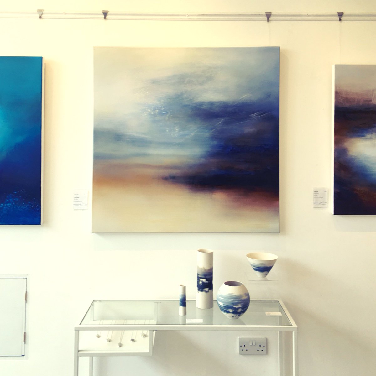 BesideTWaveLDN's tweet photo. 'Lines of Flight', oil on linen, 100x100cm by @amy_artist with #ceramics by @AliTomlin &amp; #jewellery by Nicola Bottono #art #painting #London https://t.co/Dp6awsGJKW