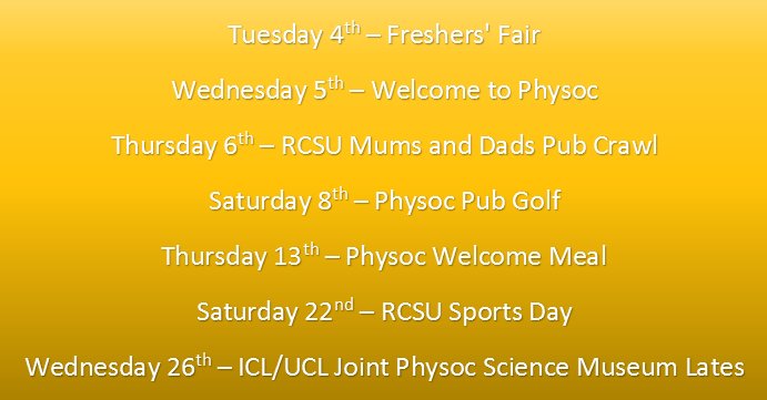 Who's ready for Imperial Freshers? Here's the list of great events that Physoc has coming up this October!!!