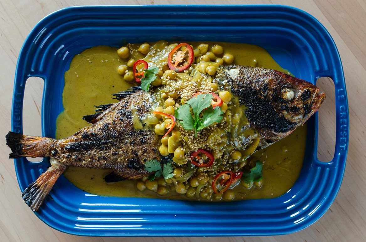 StJudeFarmsSC's tweet photo. .@butcherandbee is cooking up Whole Grilled Snapper with chickpea curry, couscous, coconut milk &amp; cilantro. #EatSJF https://t.co/wyy2TVqQCu