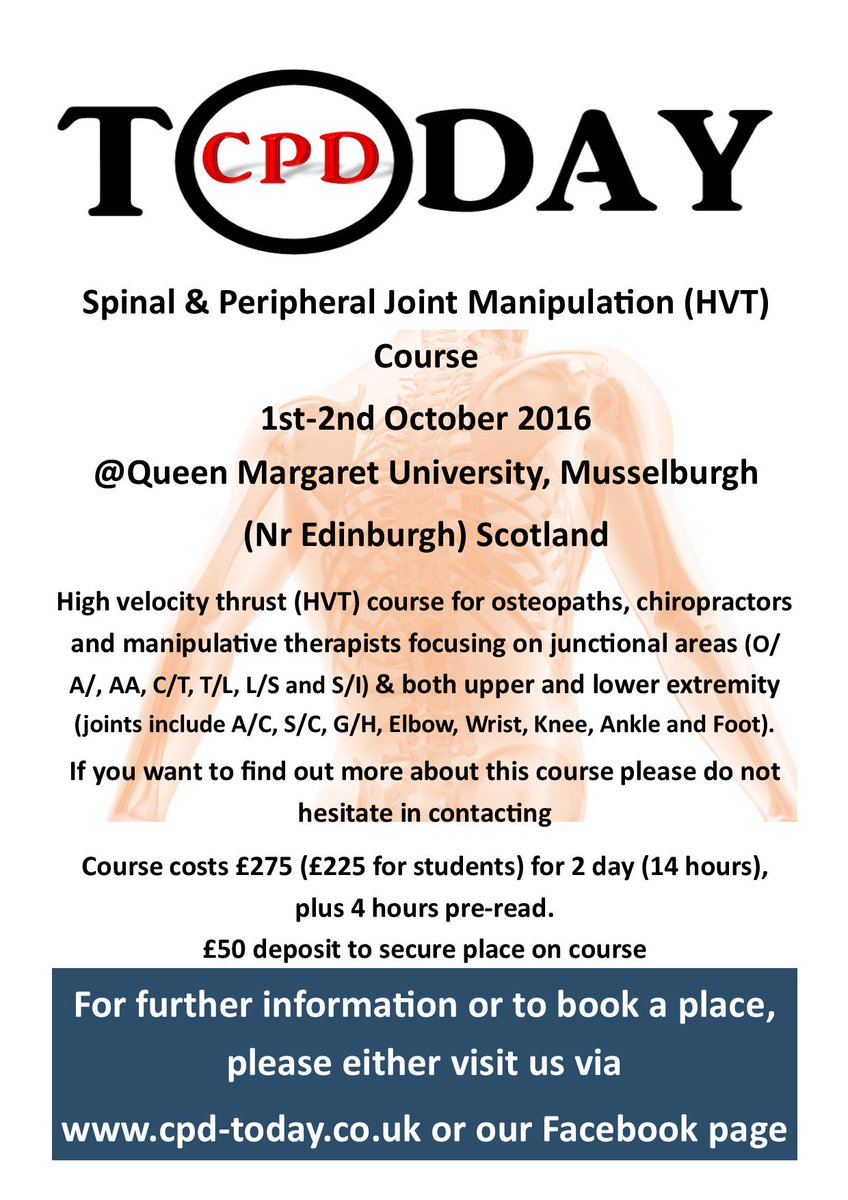 cpd_today's tweet photo. Places still available, please do not hesitate to contact us to find out more. #CPD #Today #CPDToday #Edinburgh #course #HVT #Physio #Osteo https://t.co/Gnvn4hOuV7