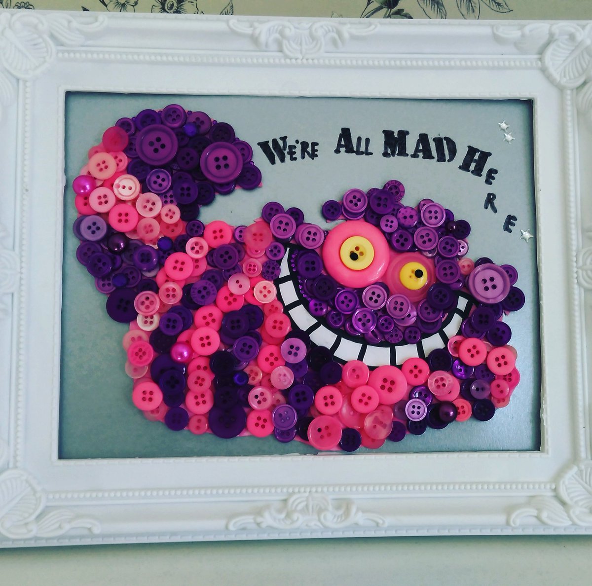 ClaireGladman's tweet image. My latest creation...certainly relevant in my house...#clairescraftboutique #buttonart #buttoncraft #cheshirecat