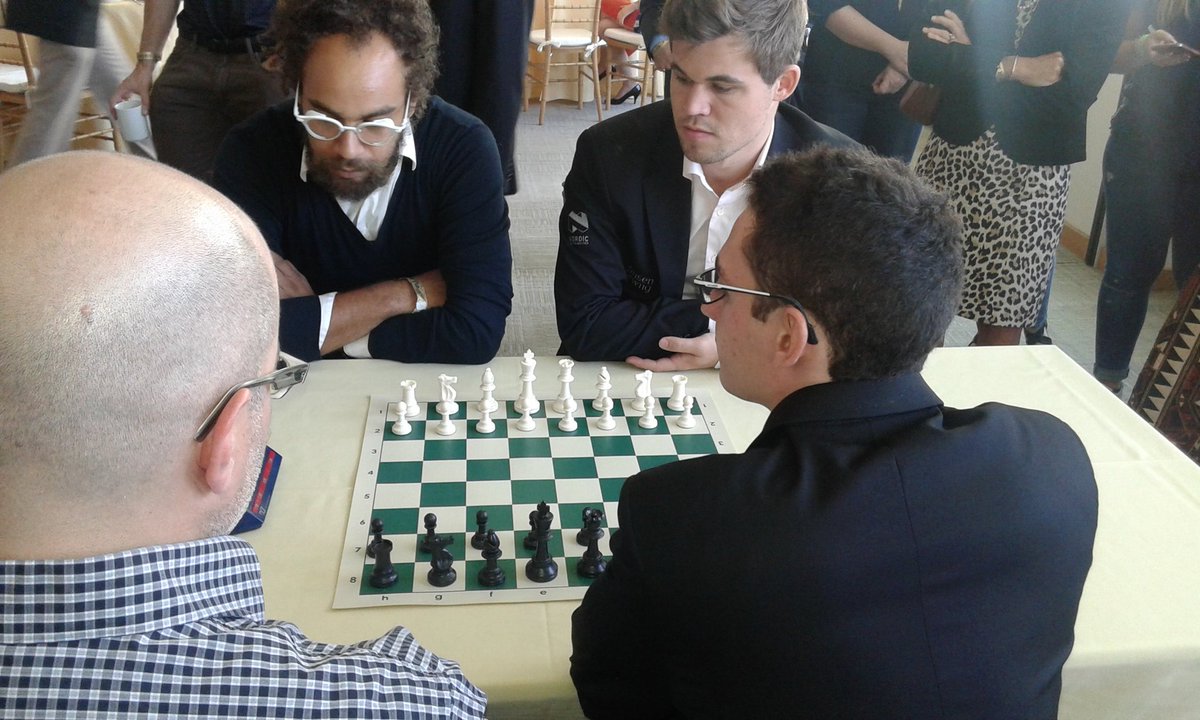 LawrenceTrentIM's tweet photo. Intense tandem match with @cfchabris &amp; @FabianoCaruana vs @donaribraxton &amp; @MagnusCarlsen @LibertySciCtr https://t.co/N96WoPTmuO