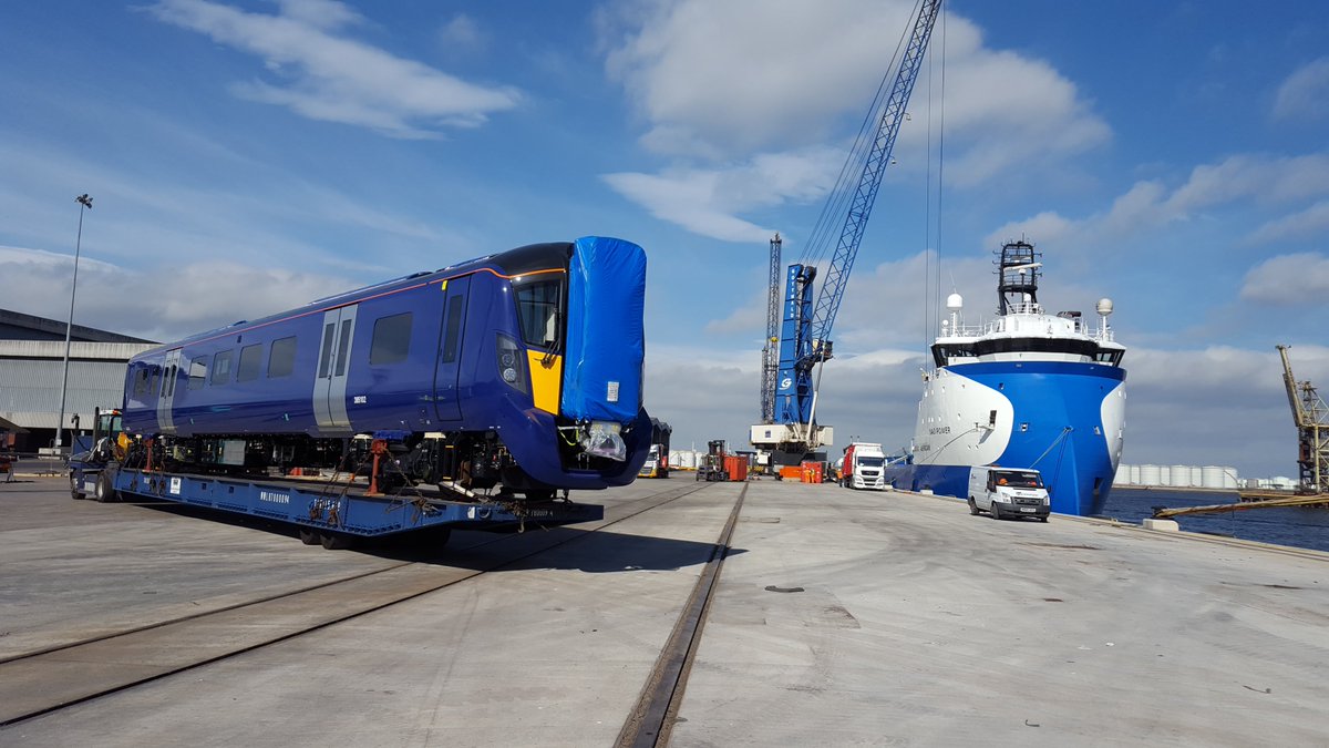 ScotRail's tweet photo. They've arrived. Class 385 test train at Newton Aycliffe, County Durham.

Faster, longer, greener trains for our customers from autumn 2017. https://t.co/qbwehUrJcY