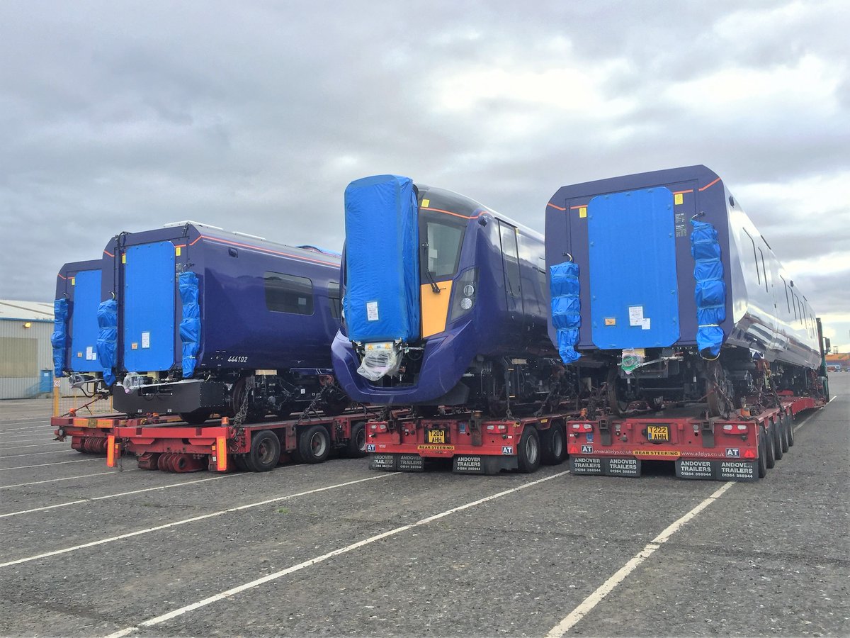 ScotRail's tweet photo. They've arrived. Class 385 test train at Newton Aycliffe, County Durham.

Faster, longer, greener trains for our customers from autumn 2017. https://t.co/qbwehUrJcY