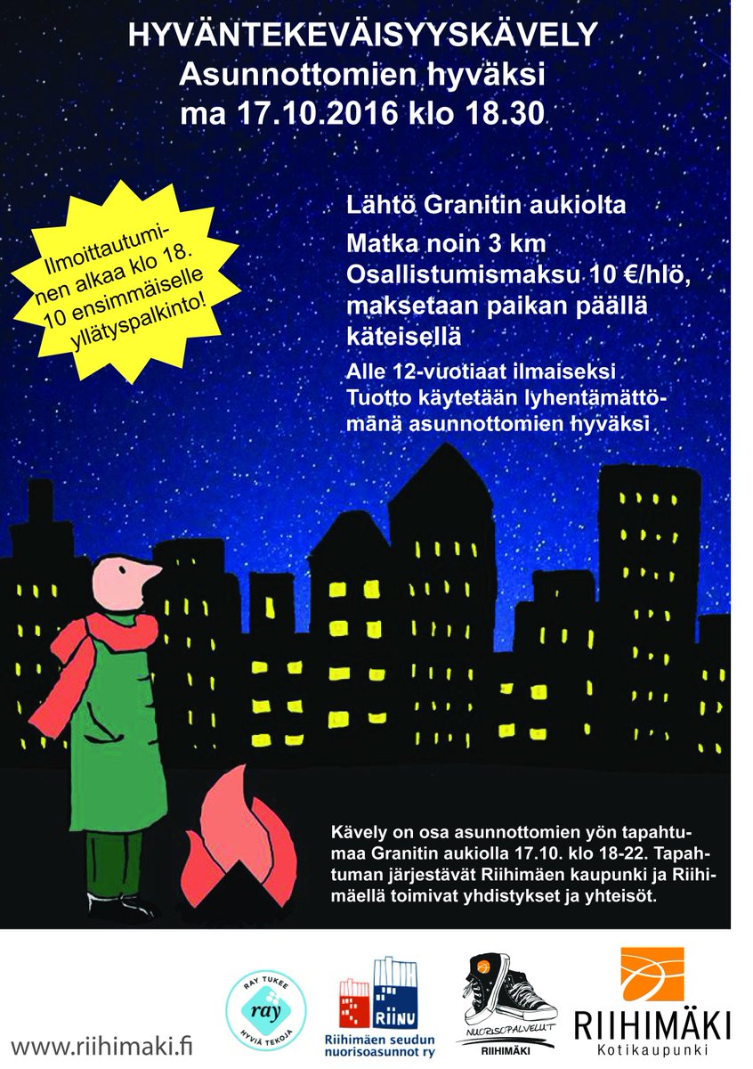 Valtakunnallista Asunnottomien yötä vietettään jälleen maanantaina 17.10. Riihimäellä tapahtuma on Graniitin aukiolla klo 18-22.