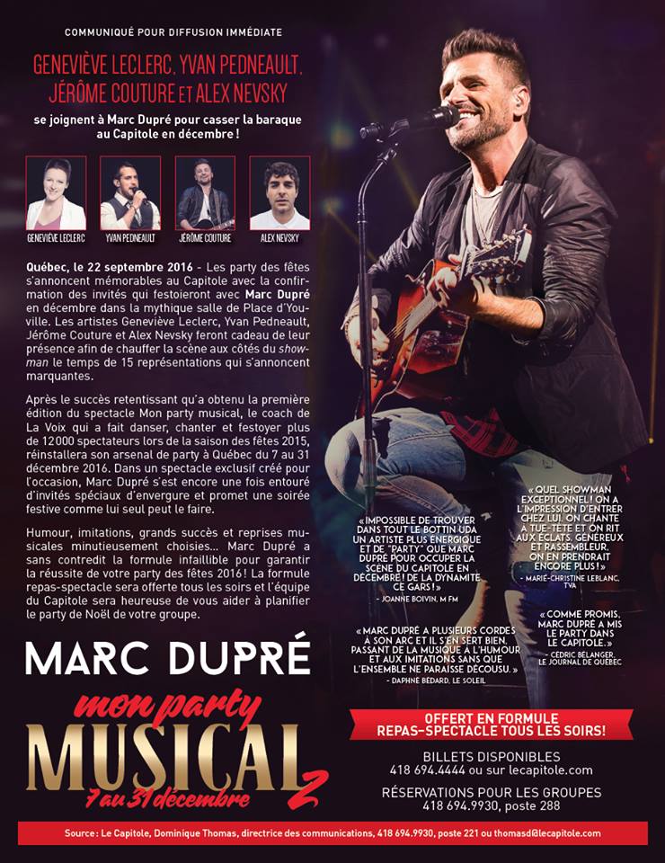 Le_Capitole's tweet photo. Genevieve Leclerc, Yvan Pedneault, Jérôme Couture et Alex Nevsky se joignent à Marc Dupré pour casser la baraque au Capitole en décembre! https://t.co/rokcWyrTiU