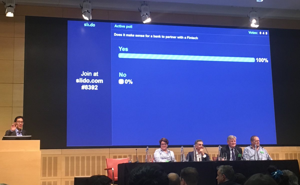 MeganCaywood's tweet photo. Quick poll at #BBAFinTech - "Does it make sense for a bank to partner with a Fintech?" And the crowd says...Yes = 100%. 😄 https://t.co/ZBMSJR7yEU