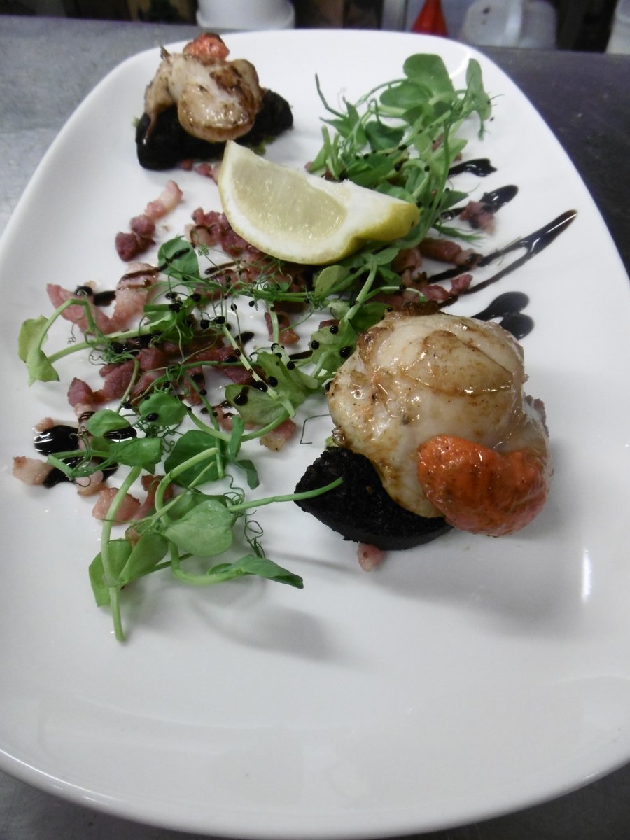 King Scallops, Black Pudding, On a bed of pea puree and pancetta. All locally sourced. Come give it a try! #fish #keepingitlocal