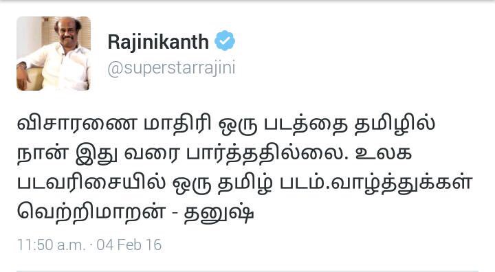 hareshspeedz's tweet photo. Way to go..#visaranai team. 
Unmailaye did he foresee?
"உலக படவரிசையில் ஒரு தமிழ் படம்" got true now.
@dhanushkraja 
 #fancrazy #rajinikanth https://t.co/KH8xmrZL0Z