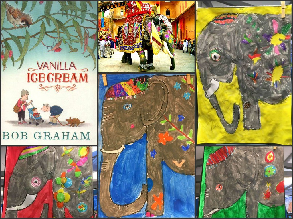 BoothsClass's tweet photo. We love our Indian Ceremonial #Elephants inspired by the text Vanilla Ice Cream by Bob Graham https://t.co/fdF8QjrPgK #NSWDEC #grade2 https://t.co/iX9b2LCf2r