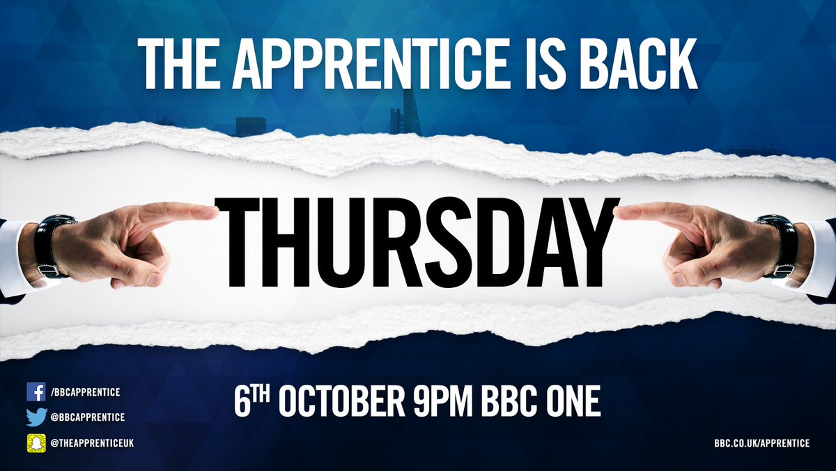 NEWS. #theapprentice returns to <a href="/BBCOne/">BBC One</a> on 6th October. Which is a Thursday. Wednesdays have been fired...