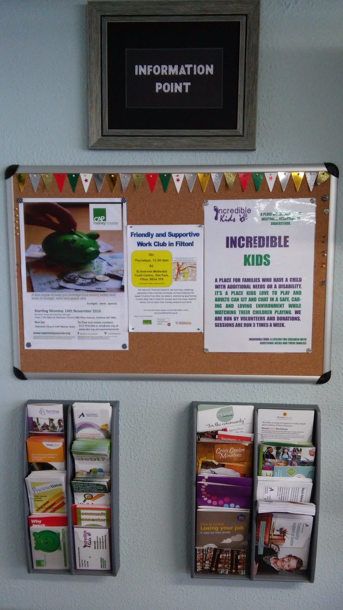 ReviveShop's tweet image. Our updated 'Information Point' noticeboard! @NorthBristolCAP @IncredibleKidz @crisiscentre @NBACBristol @turn2us_org @StepChange