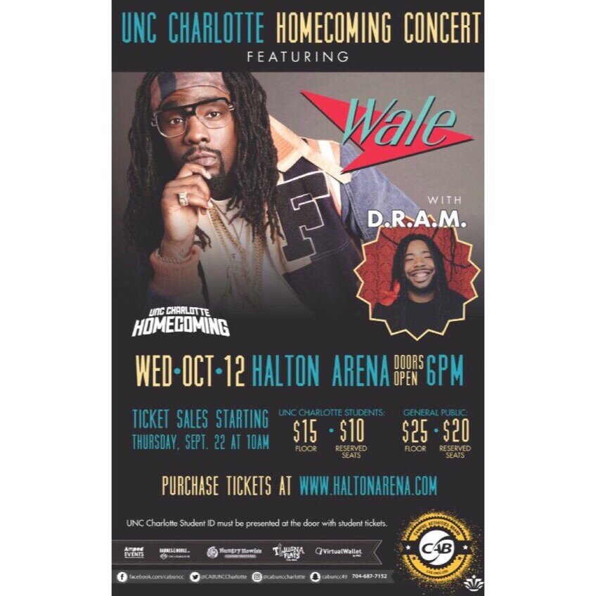 cabunccharlotte's tweet photo. #UNCCHomecoming tickets are on sale NOW for @uncc students! USE ticket code WALECAB online or the Halton Arena box office! https://t.co/m8w8Y0Daql