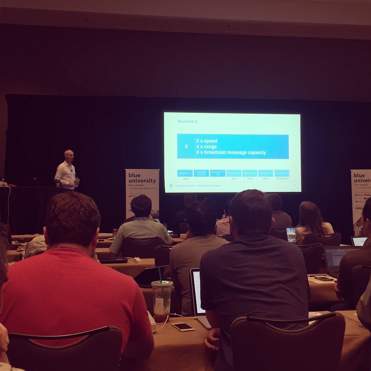 BluetoothSIG's tweet photo. .@bluetooth_mdw teases what #devs can expect with Bluetooth 5, including 2x the speed and 4x the range. #BluetoothU #IoT https://t.co/nrEVBd9ch7