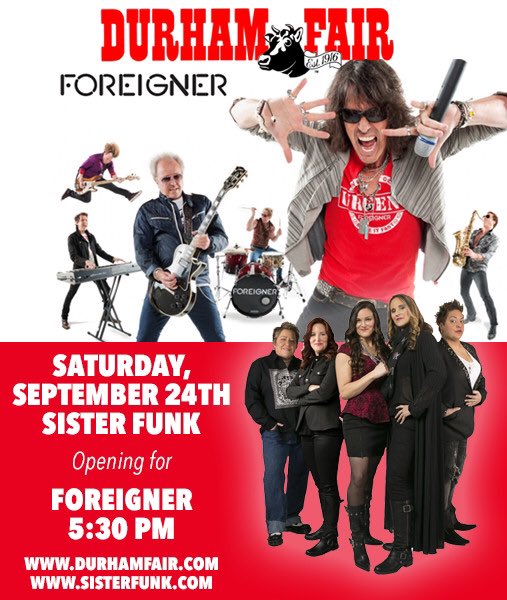 RunJennycom's tweet photo. Sat. 9/24/16 @SisterFunkcom rocks @DurhamFairCT 5:30pm opens 4 @ForeignerMusic 7:00pm Don't miss CT's largest fair https://t.co/xsczxVcvHF