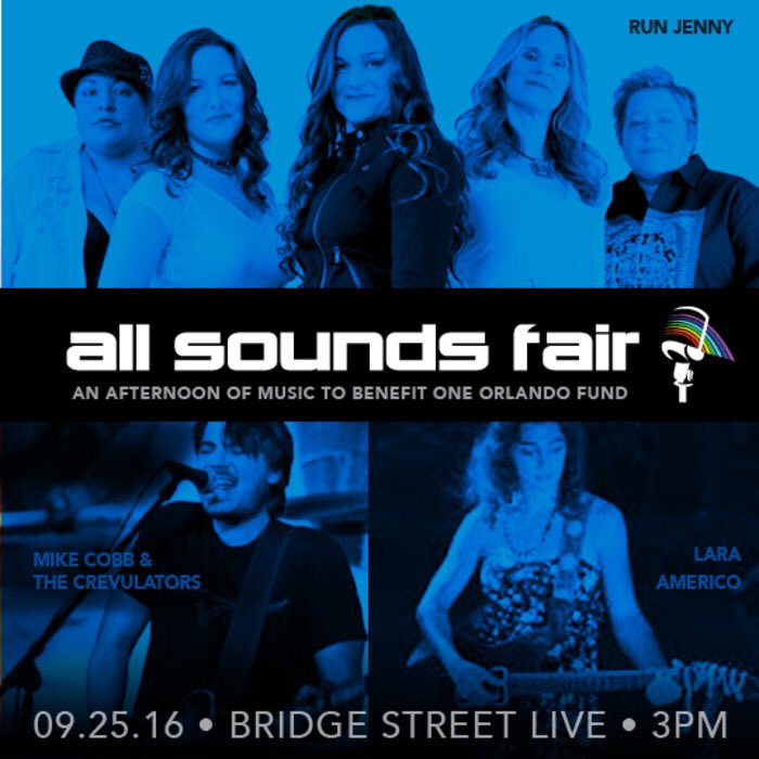 RunJennycom's tweet photo. Sun.Sept.25 @allsoundsfair fundraiser concert @bsl41 raising $ #OrlandoStrong pulse victims. 3 acts tix on sale now https://t.co/jLMvVkDA0k