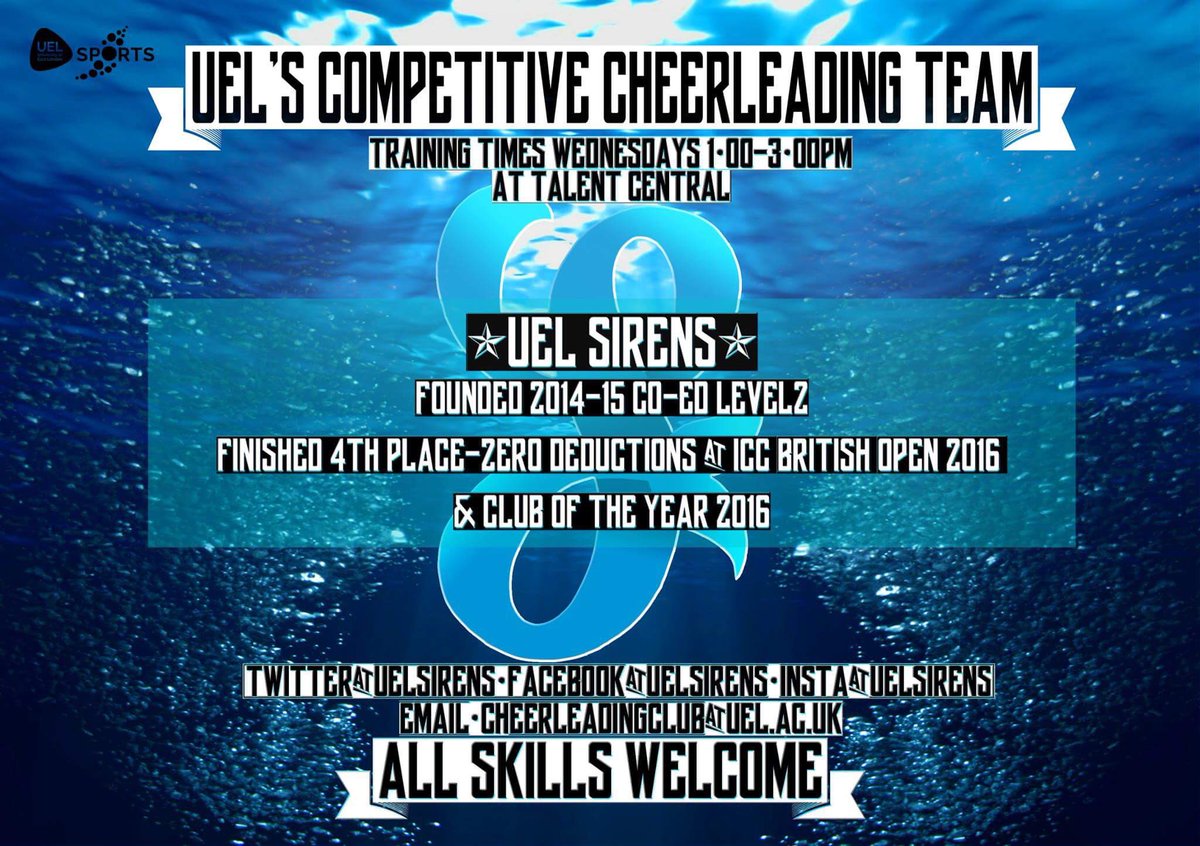 UEL_Cheer's tweet photo. Attention to new freshers and potential new sirens!π¬ Don't forget to stop by the #UELSirens table at Freshers Fair - 5th Octβ¨ #UEL #Freshers https://t.co/Y5SBAUICna