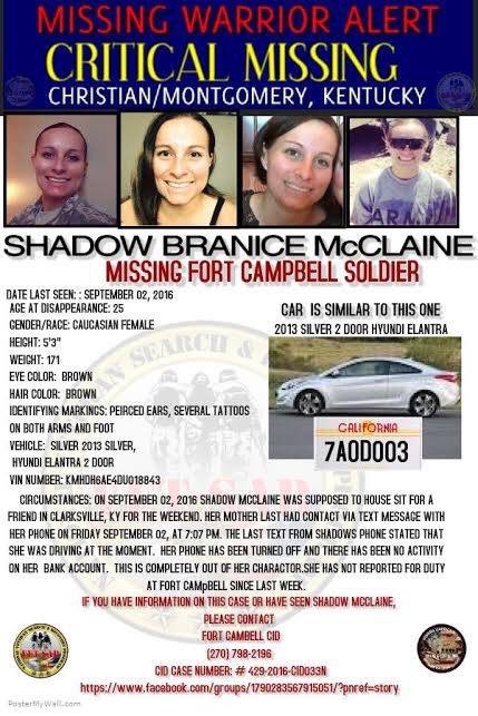 BrianAndersonFL's tweet photo. @Hooters Shadow McClaine is a soldier who went missing from #FortCampbell on 2SEPT2016. #findshadowmcclaine https://t.co/vbnHnFta7F