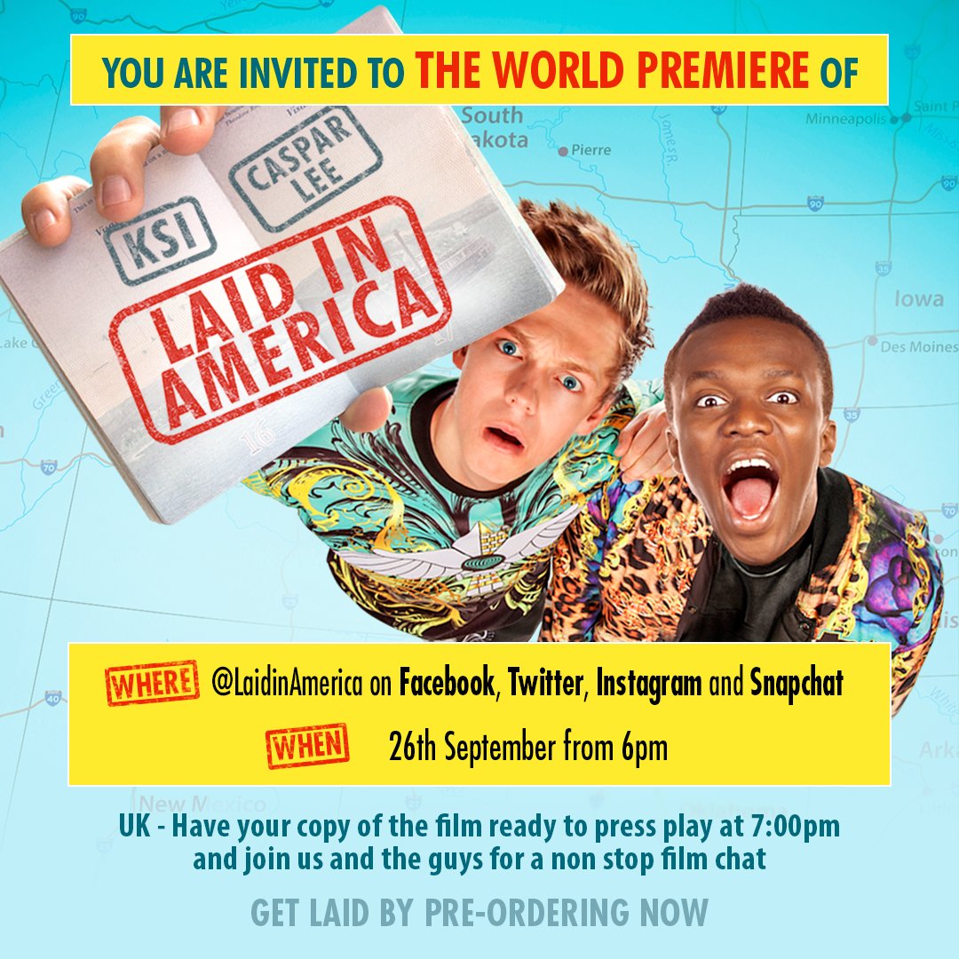 LaidinAmerica's tweet photo. Hey UK! You're all invited to the WORLD PREMIERE of #LaidInAmerica on Sept 26 in London at the O2 or join in here! https://t.co/kKiUtJUh4G