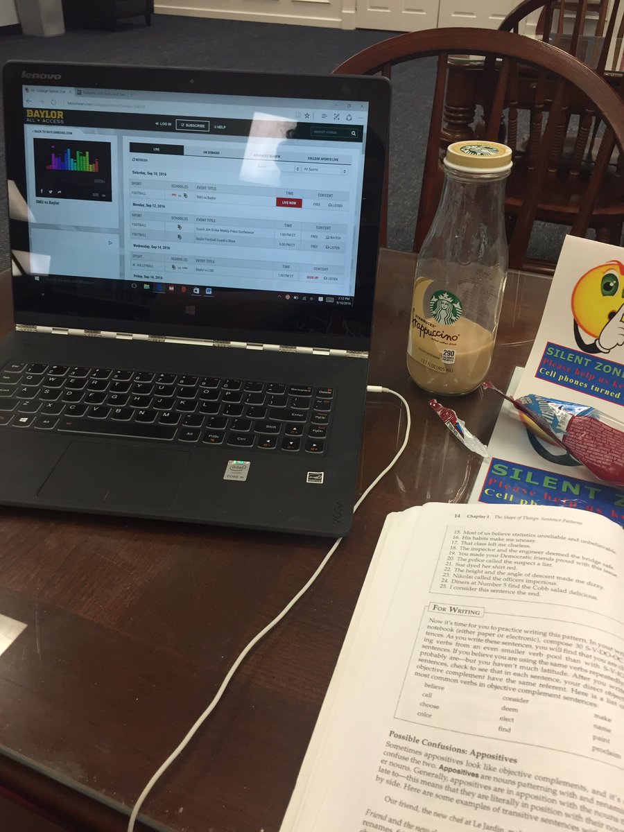 stuttergal's tweet photo. listening to the Baylor game while doing homework in the library 😂 #SicSMU https://t.co/LhbYcvSjza