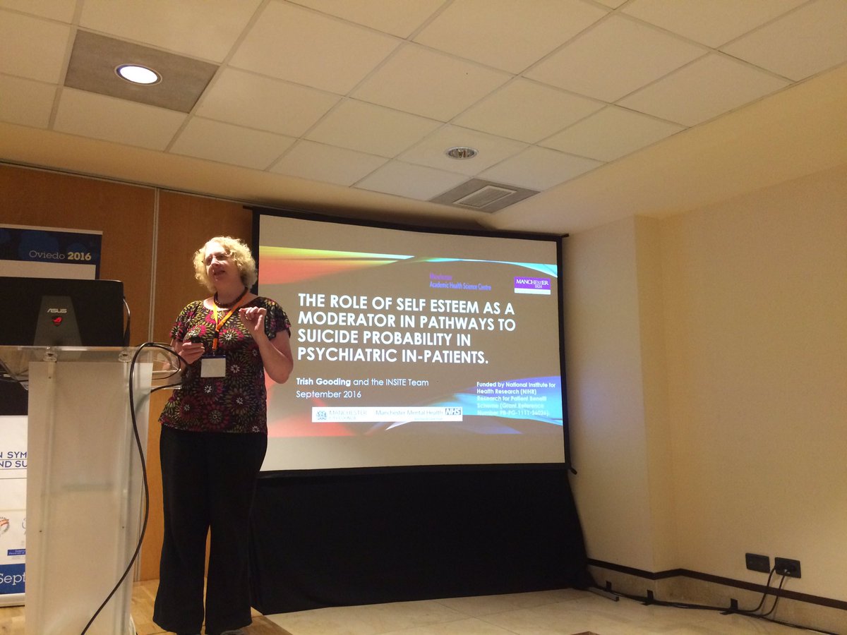 DrLeahQuinlivan's tweet photo. Dr Trish Gooding @ESSSB16 presenting on self-esteem as a moderator in suicidal thoughts and acts #esssb16 https://t.co/6b12Vb9llL