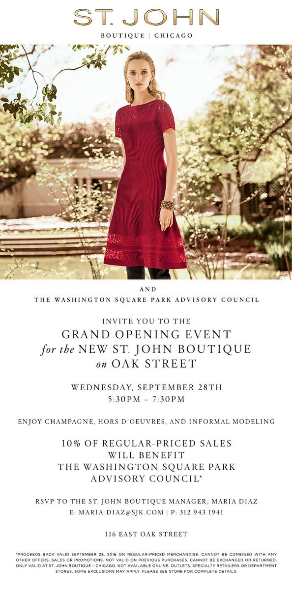 9/28 Grand Opening of St John Boutique on Oak Street is a fundraiser for Washington Square Park! <a href="/StJohnKnits/">StJohnKnits</a>