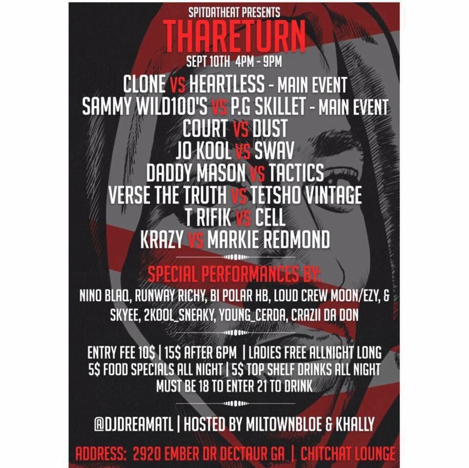 CookFoodNation's tweet photo. Today @SpitdatheatATL is back with #ThaReturn 4pm-9pm
Ladies Free Allday ! 15$ before 5pm! 5$ top shelf Drinks https://t.co/DVWPvqQIE2